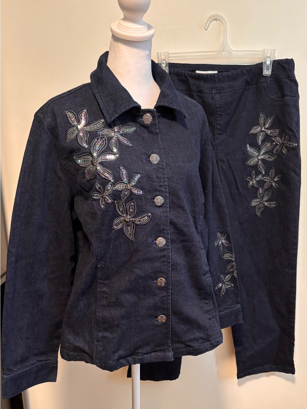 Denim Embroidered Pantsuit Jacket & Pants